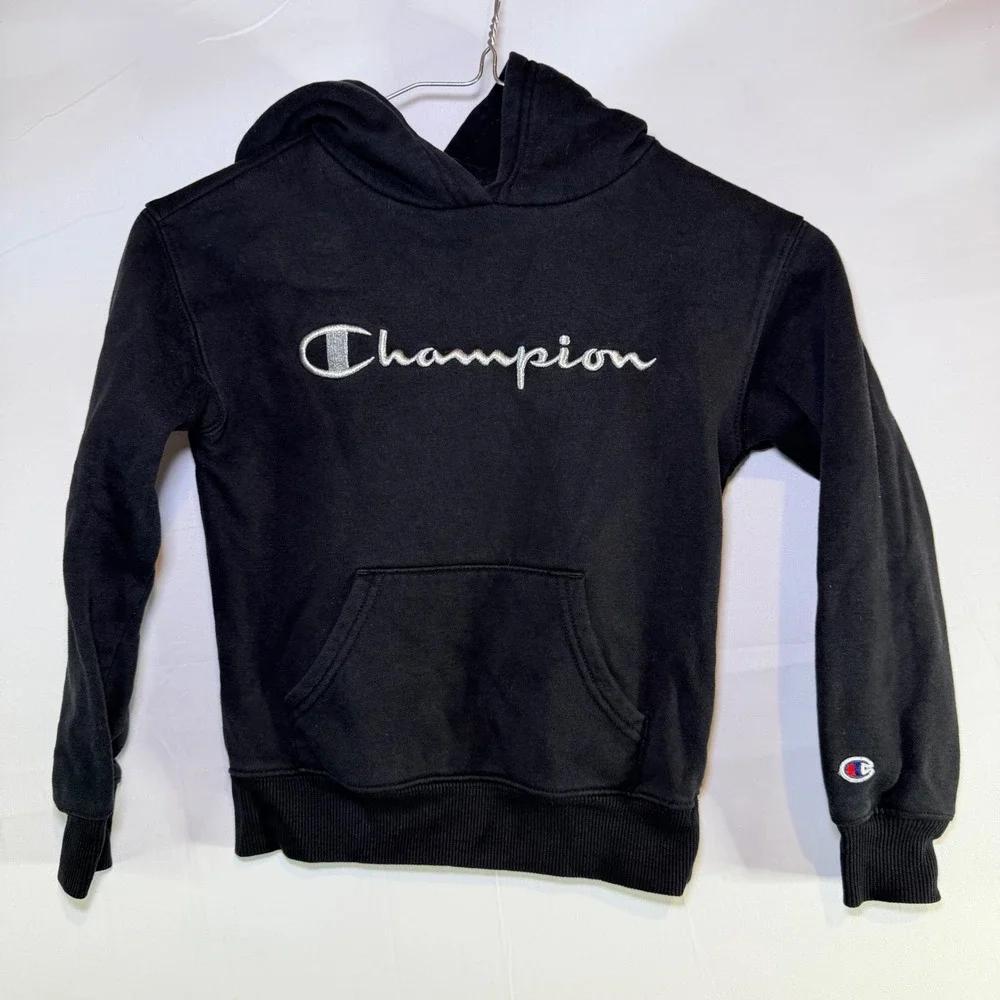 Champion‎ Boys Black Pullover Hoodie Script Logo Sweatshirt XS 4/5